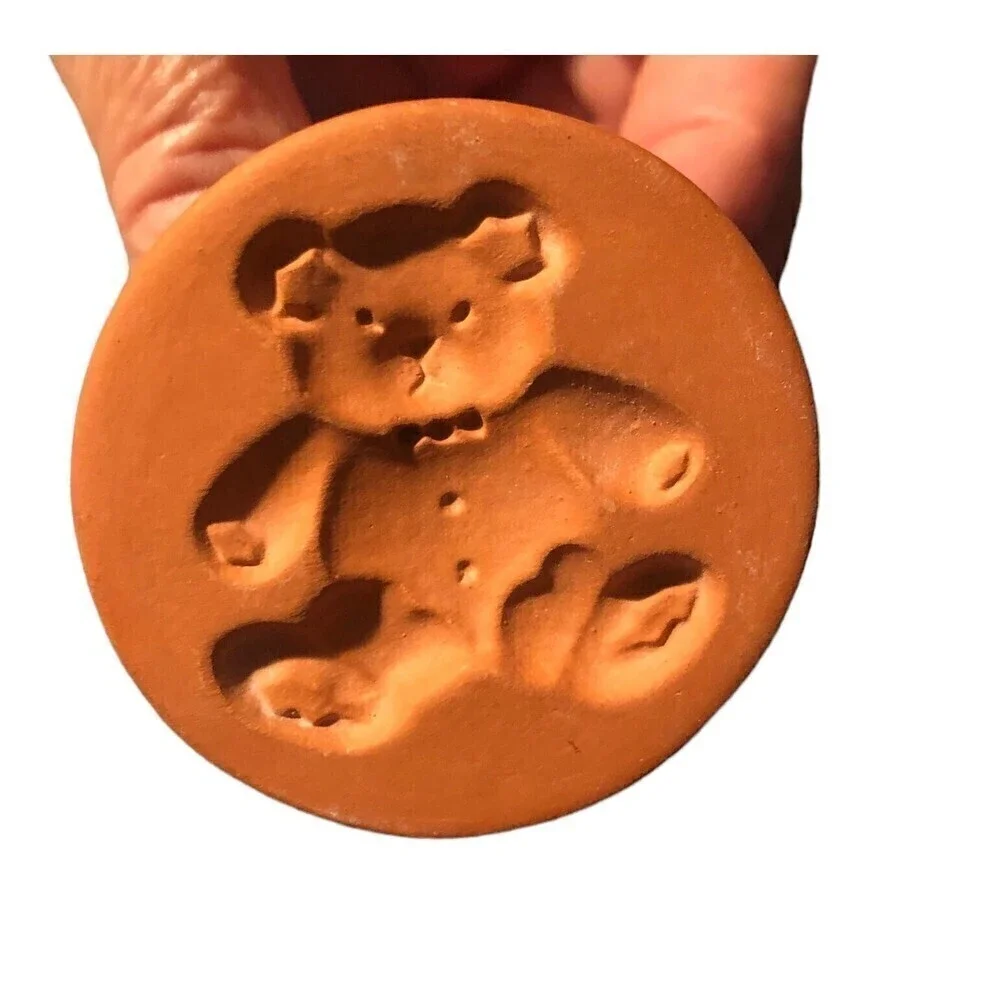 Vintage Terracotta 2” Butter Or Cookie Press Vintage Clay Teddy Bear Bunny